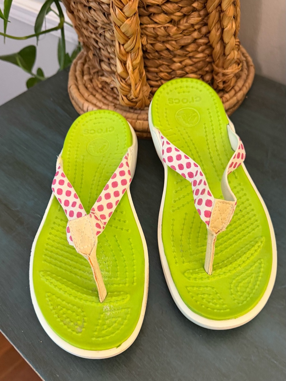 CROCS pink and green flip flops women’s 8